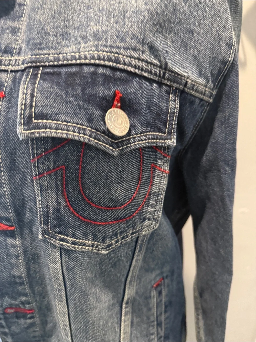 True Religion Blue Denim Jacket with Red Contrast Stitching